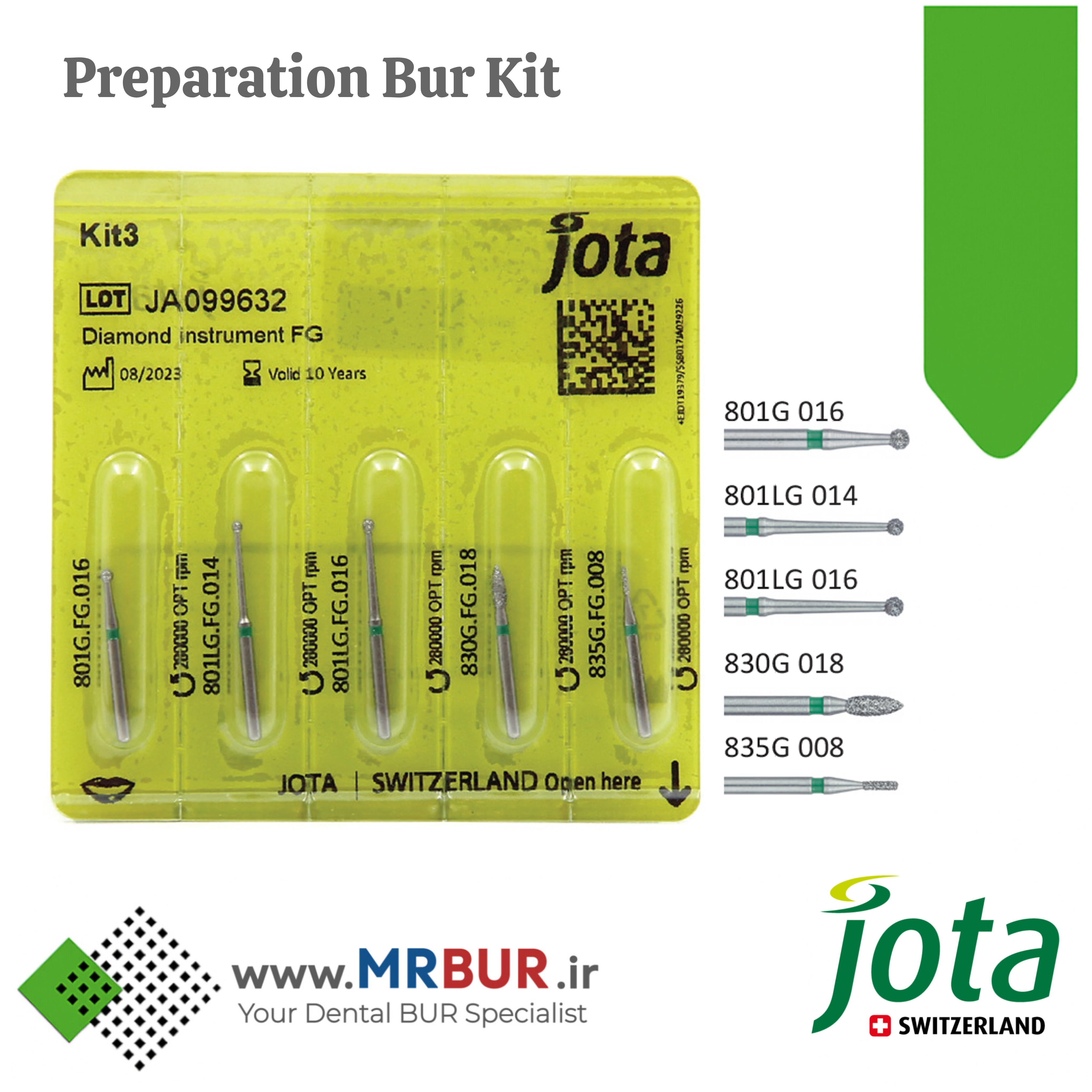 کیت شماره 3 فرزهای دندانپزشکی الماسی دور سبز (تراش) جوتا JOTA