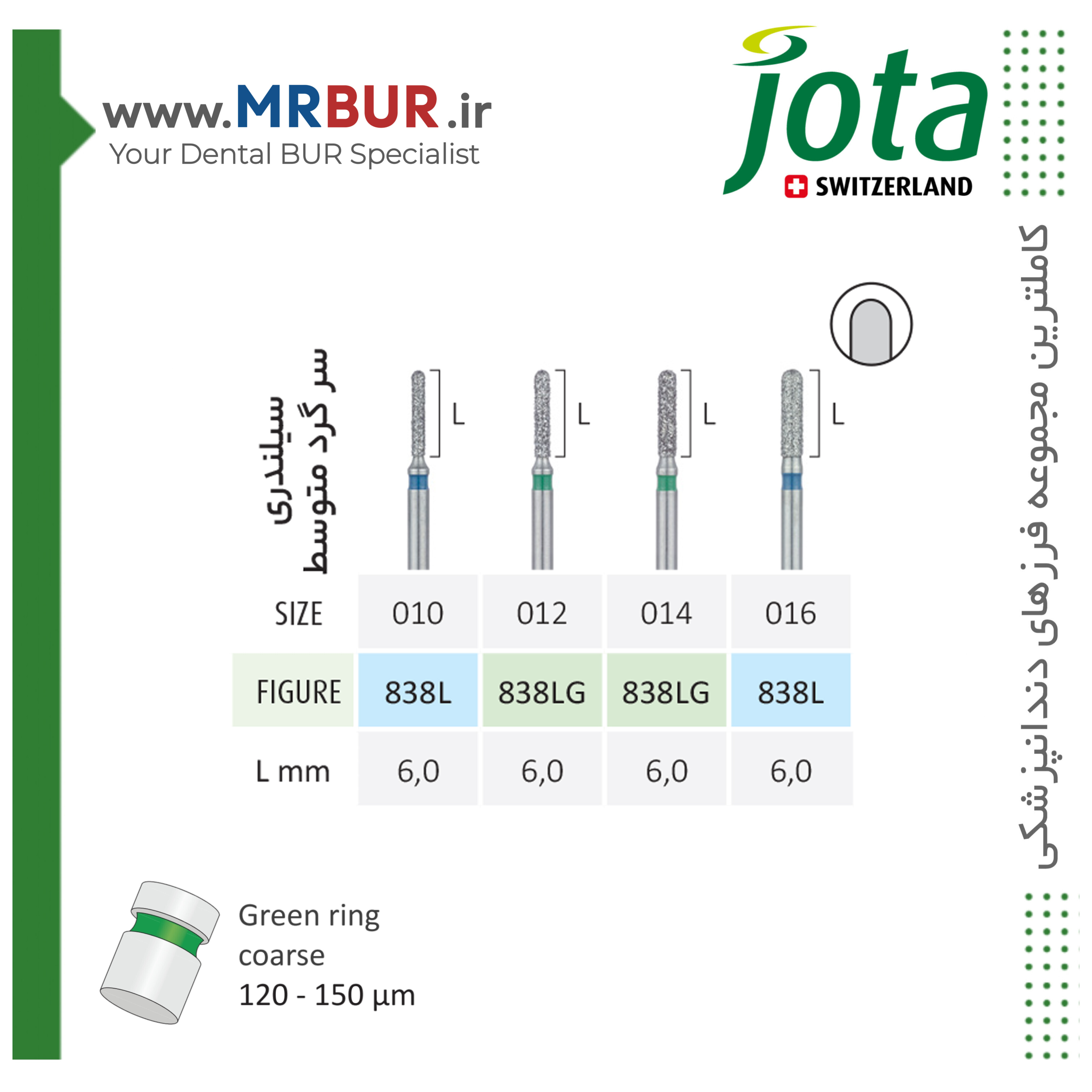 فرز دندانپزشکی فیشور روند اند متوسط الماسی دور آبی و سبز جوتا JOTA کد G838L