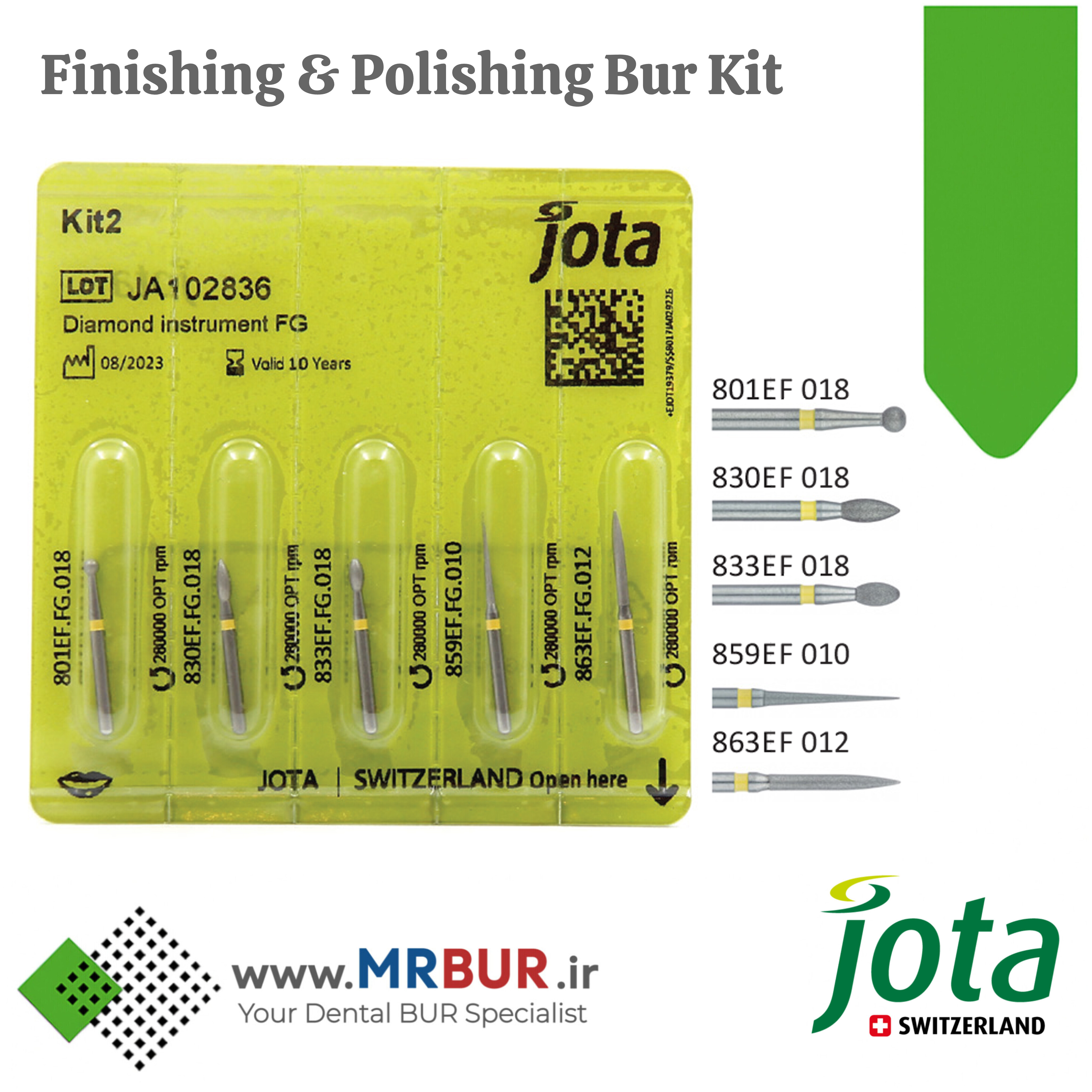 کیت شماره 2 فرزهای دندانپزشکی الماسی دور زرد (پرداخت) جوتا JOTA
