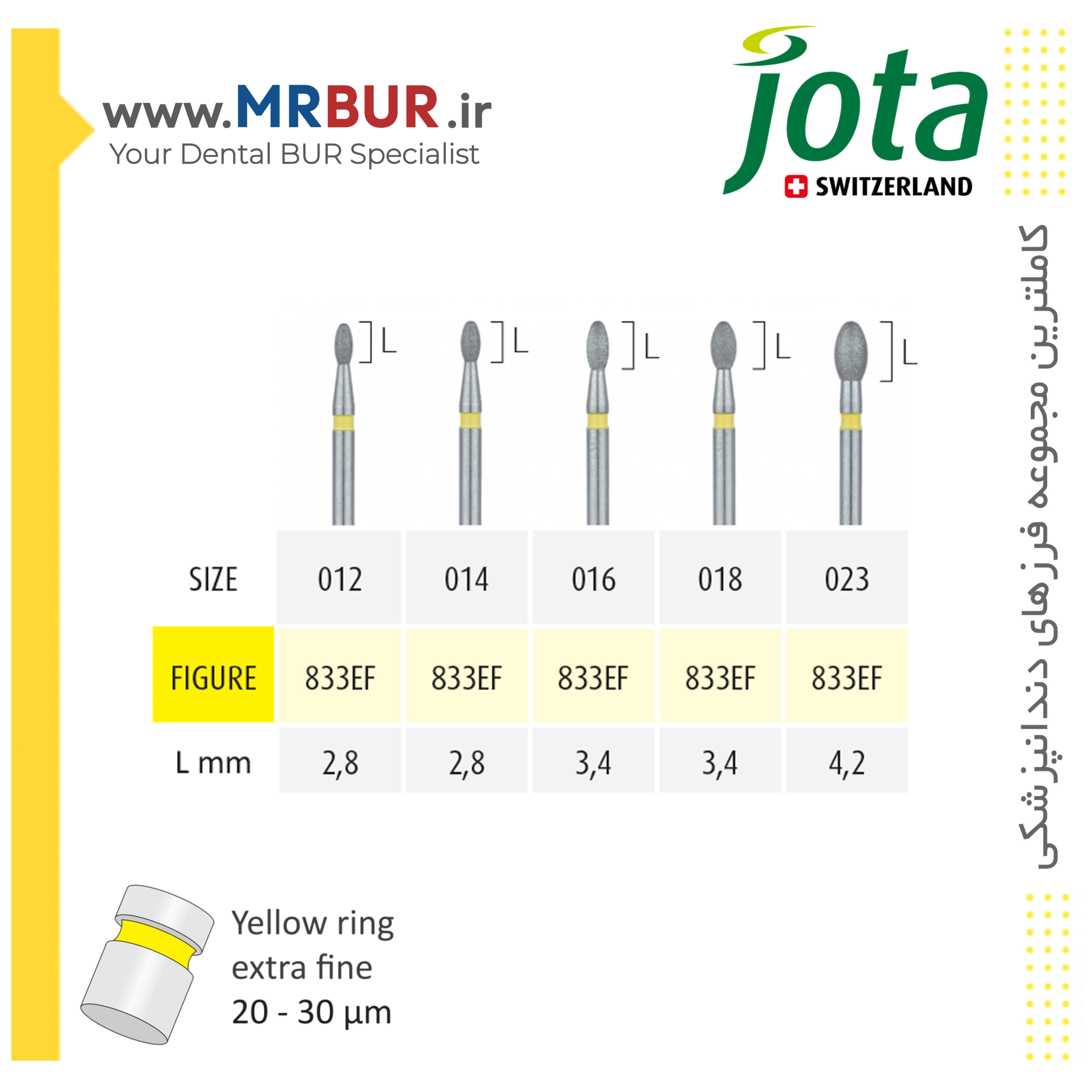 فرز دندانپزشکی تخم مرغی الماسی دور زرد جوتا JOTA کد EF833