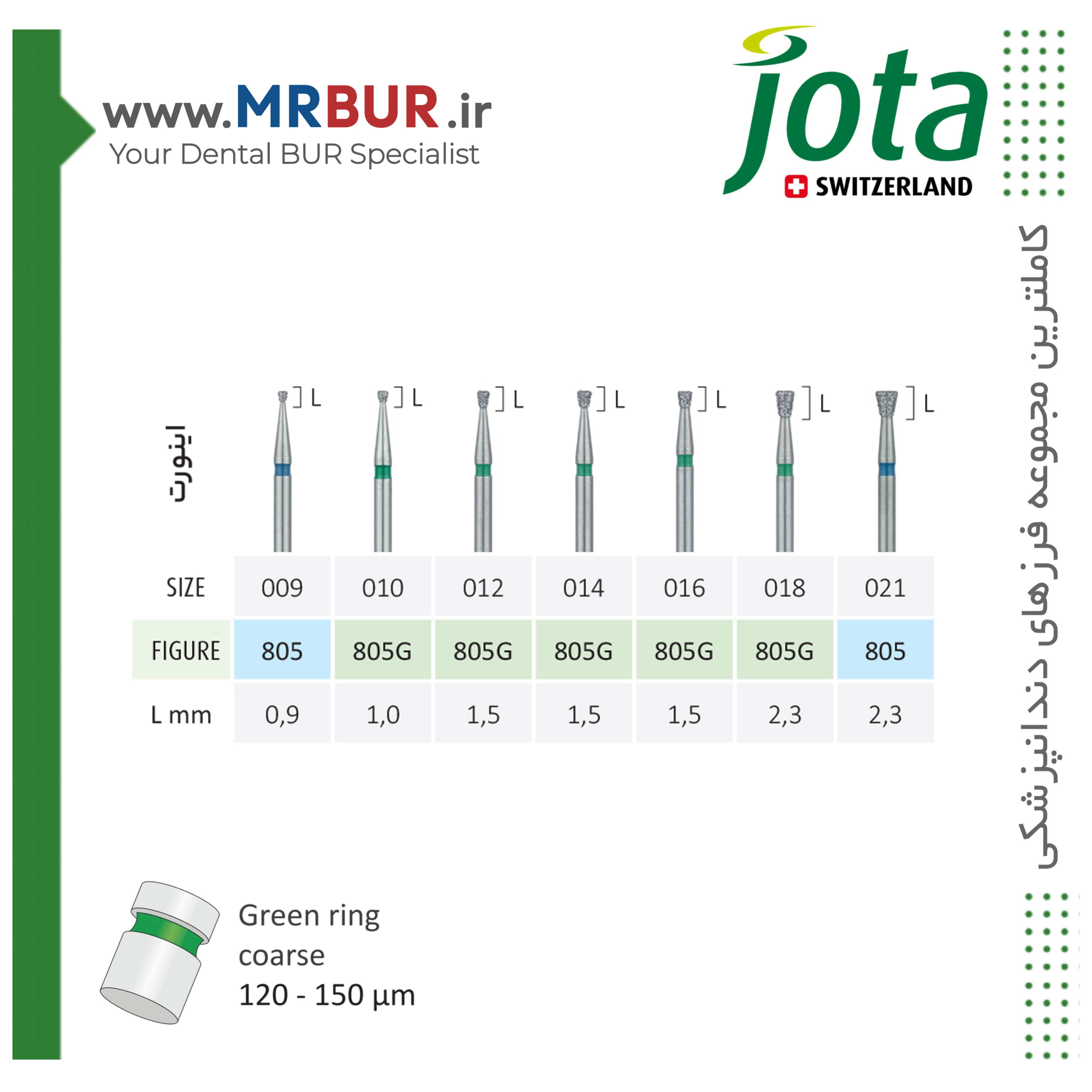 فرز دندانپزشکی اینورت الماسی دور سبز جوتا JOTA کد G805