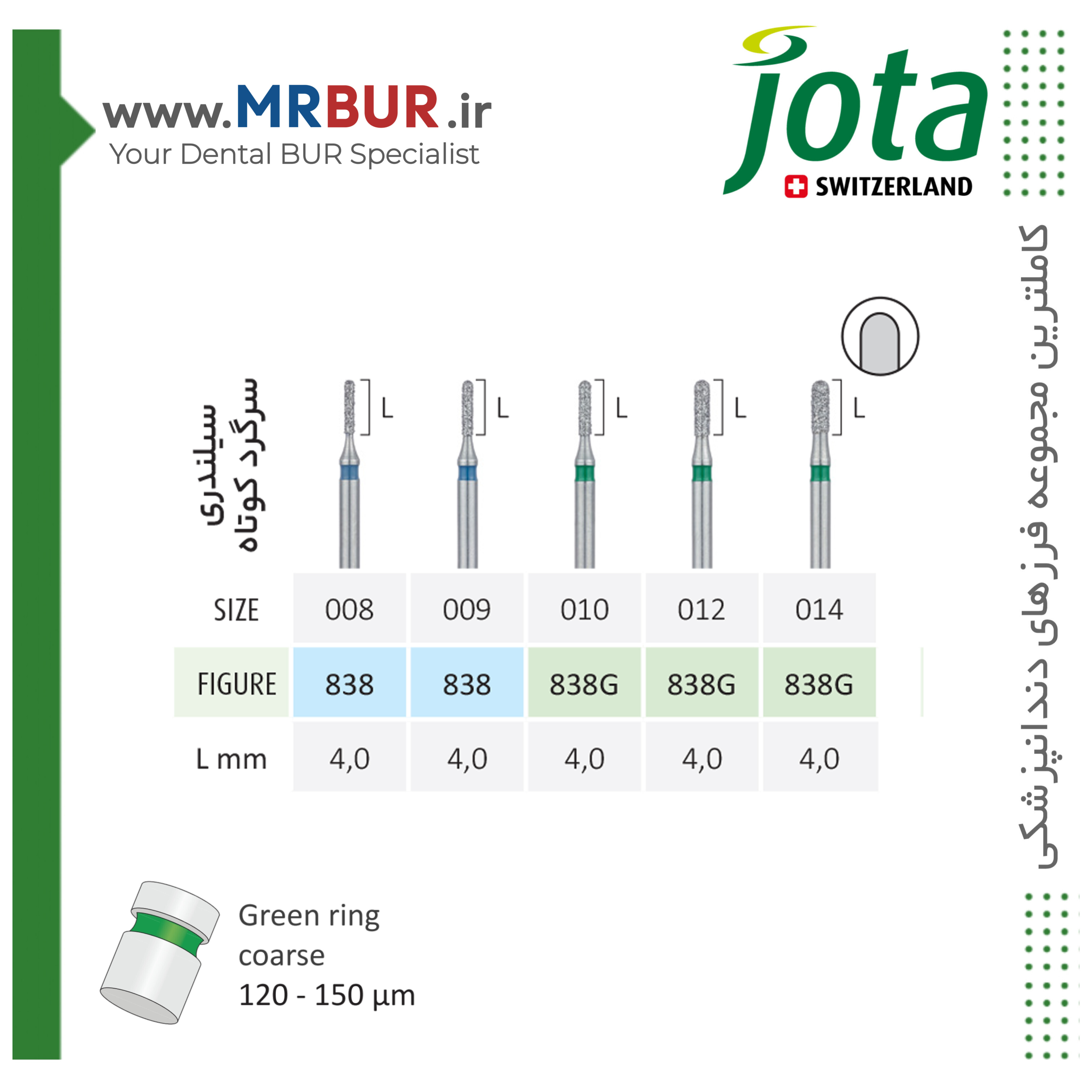 فرز دندانپزشکی فیشور روند اند کوتاه الماسی دور سبز و آبی جوتا JOTA کد G838
