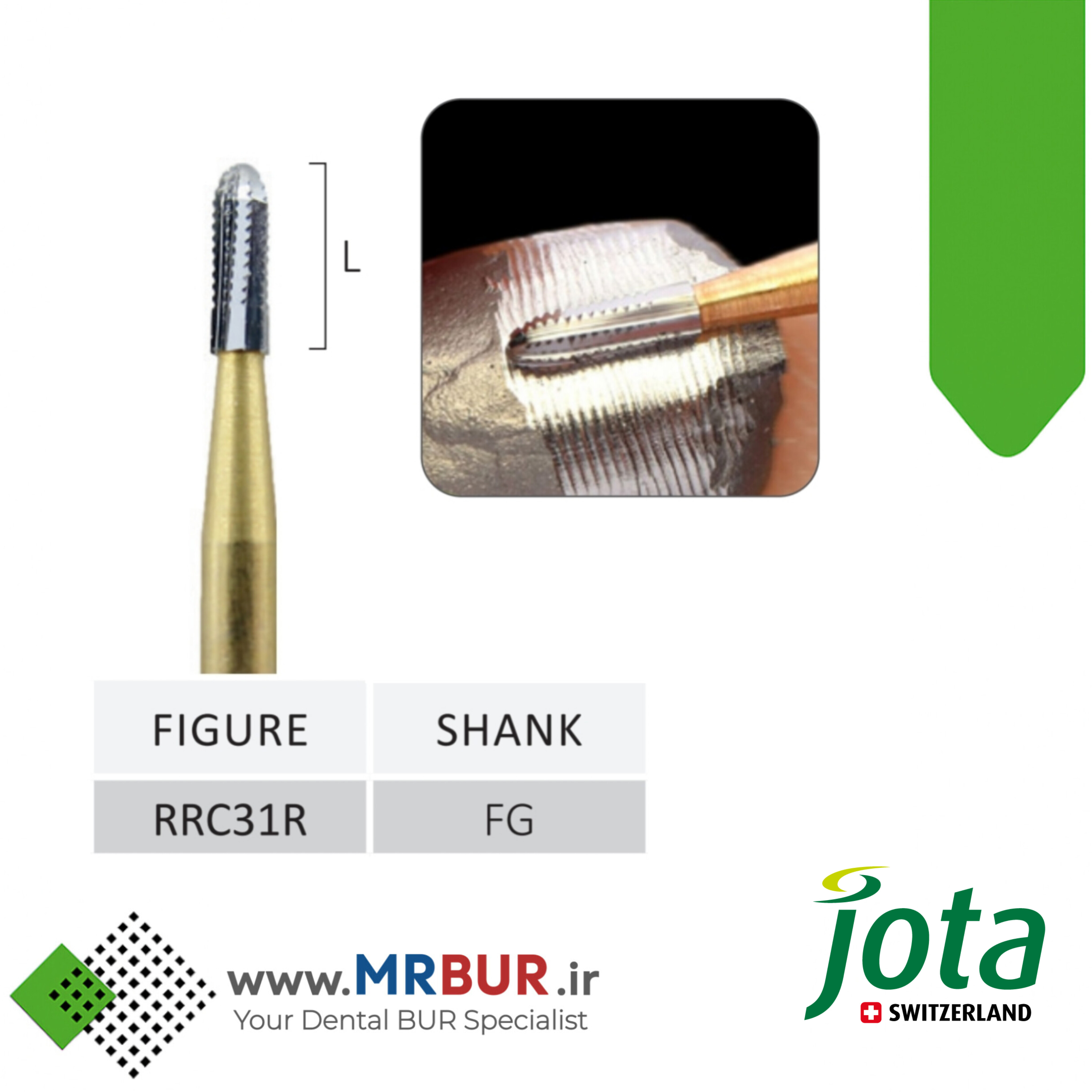 فرز دندانپزشکی کارباید تراش و برش روکش های فلزی و سرامیکی CROWN CUTTER مخصوص توربین جوتا JOTA کد RRC31R.FG