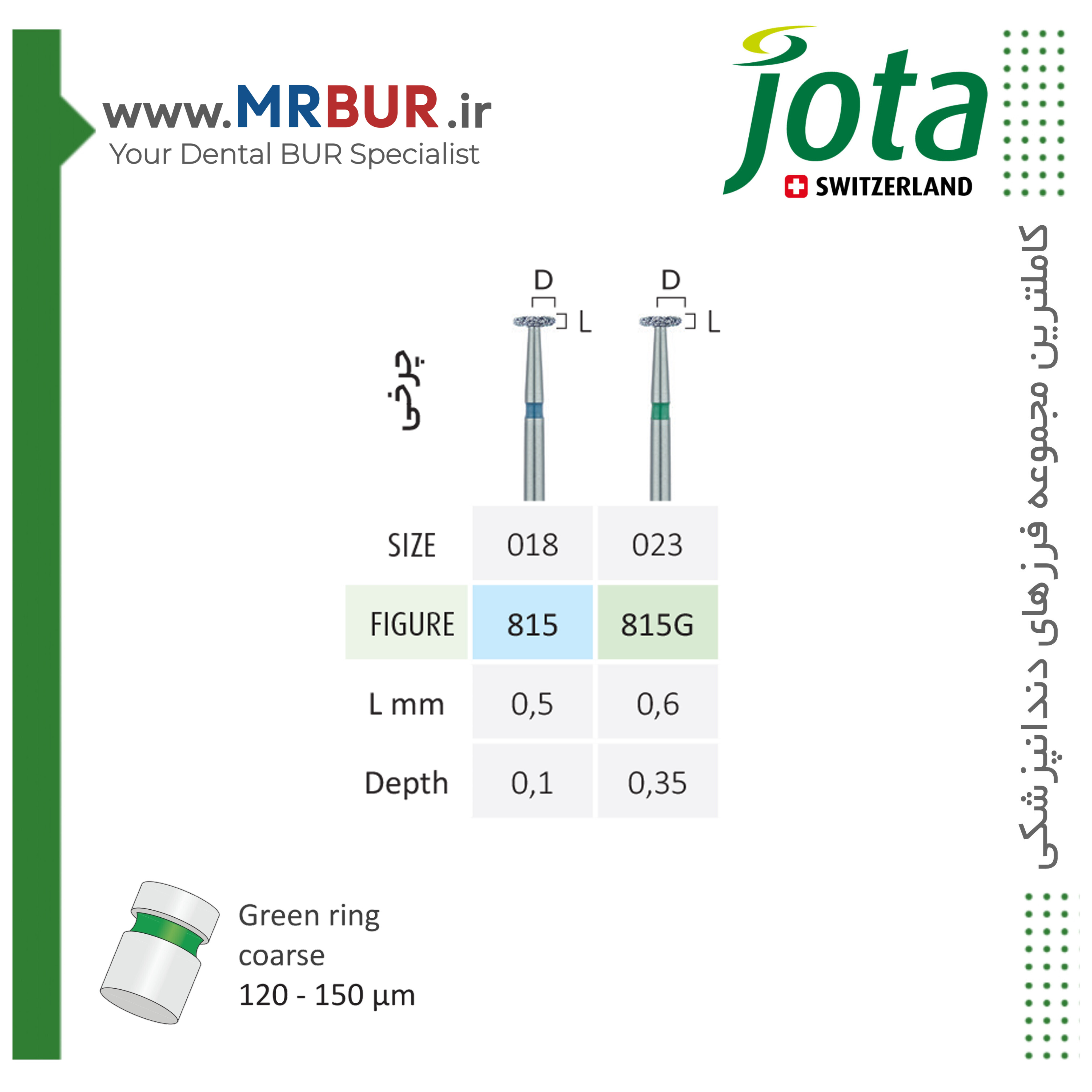 فرز دندانپزشکی چرخی (دیسکی لنزی) الماسی دور آبی و سبز جوتا JOTA کد G815