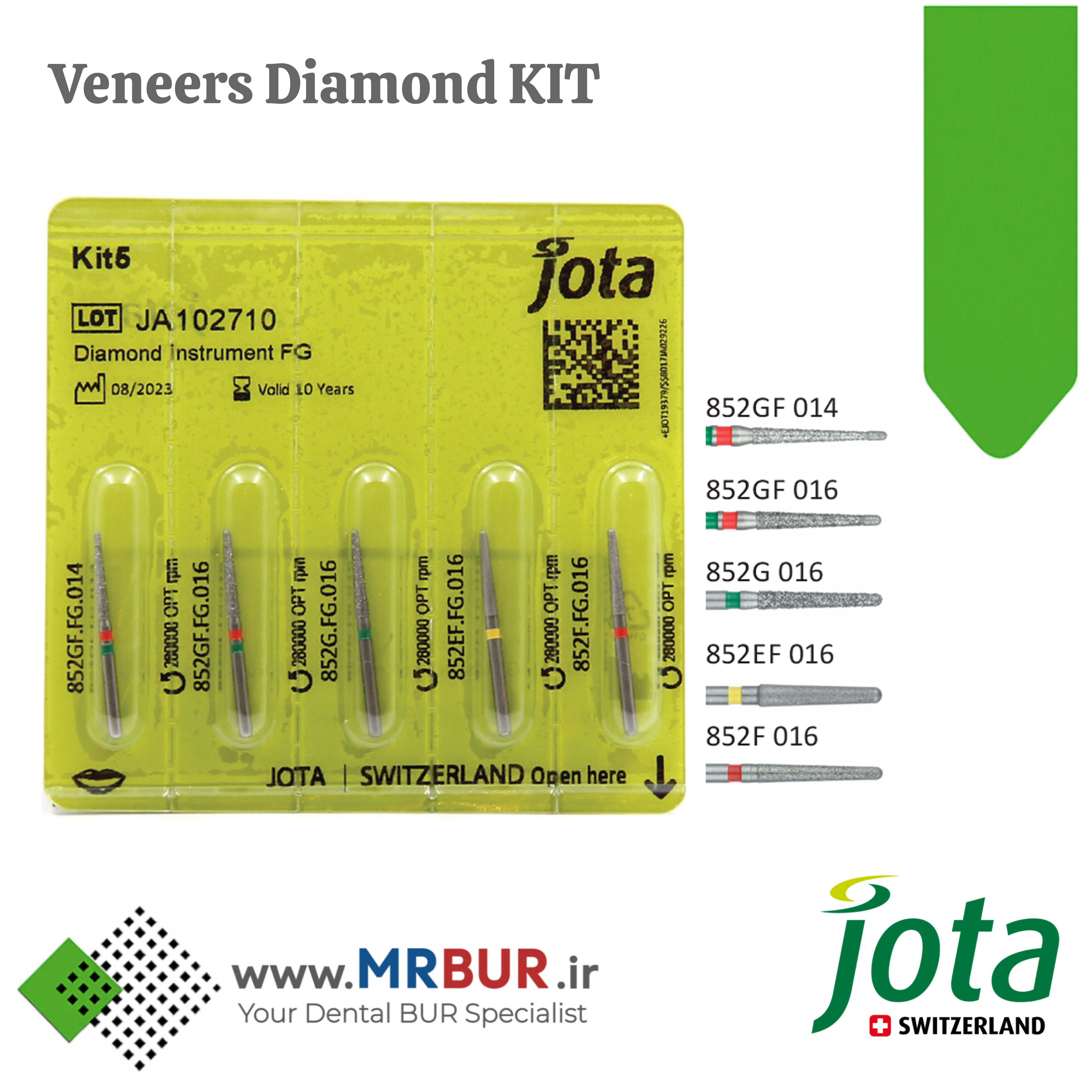 کیت شماره 5 فرزهای دندانپزشکی الماسی لمینیت جوتا JOTA